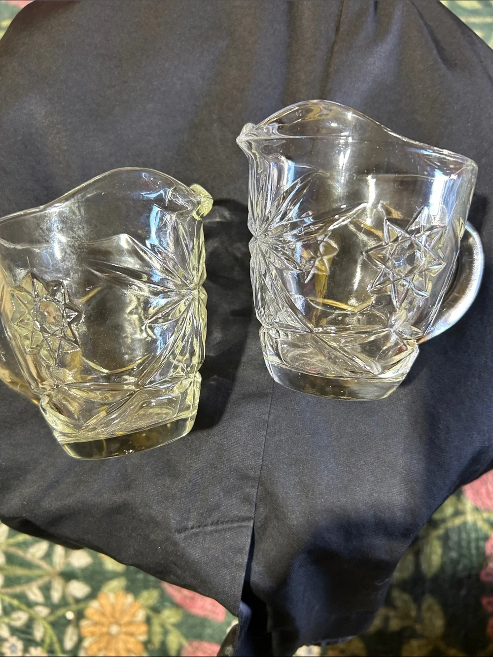 Clear Glass Creamer and Sugar Set with Starburst Embossed Design